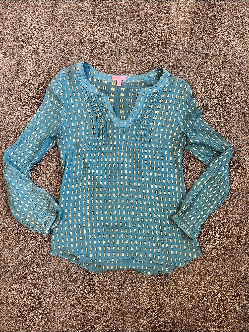Lilly Pulitzer Colby Iris Aqua Blue Sheer Blouse with Metallic Gold Accents Medi